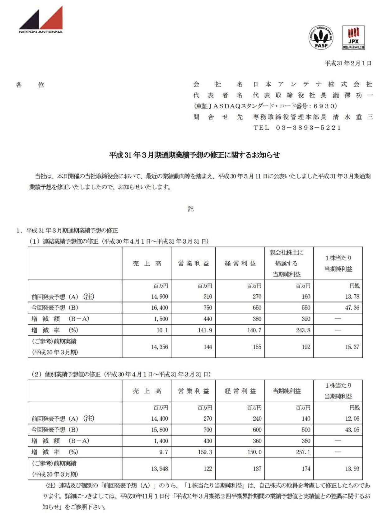 日本アンテナの上方修正